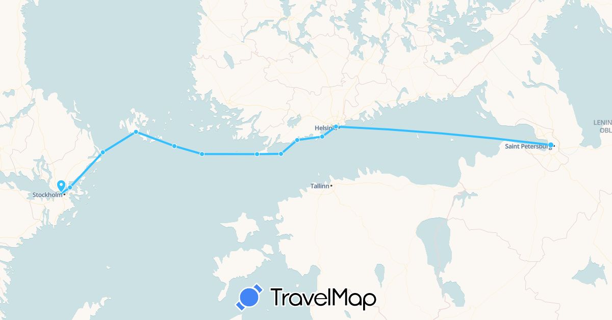 TravelMap itinerary: driving, boat in Finland, Russia, Sweden (Europe)