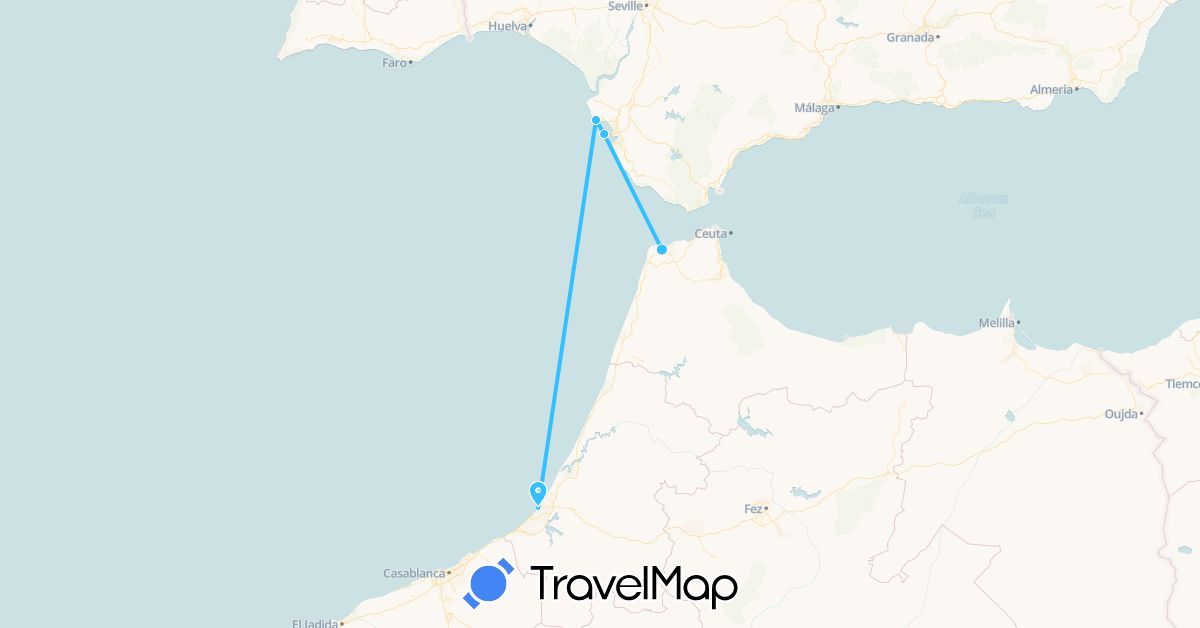 TravelMap itinerary: driving, boat in Spain, Morocco (Africa, Europe)